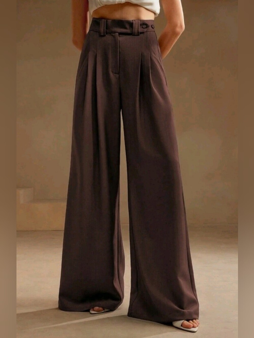 High-Rise Wide-Leg Trousers in Chocolate Brown/Maroonish Color